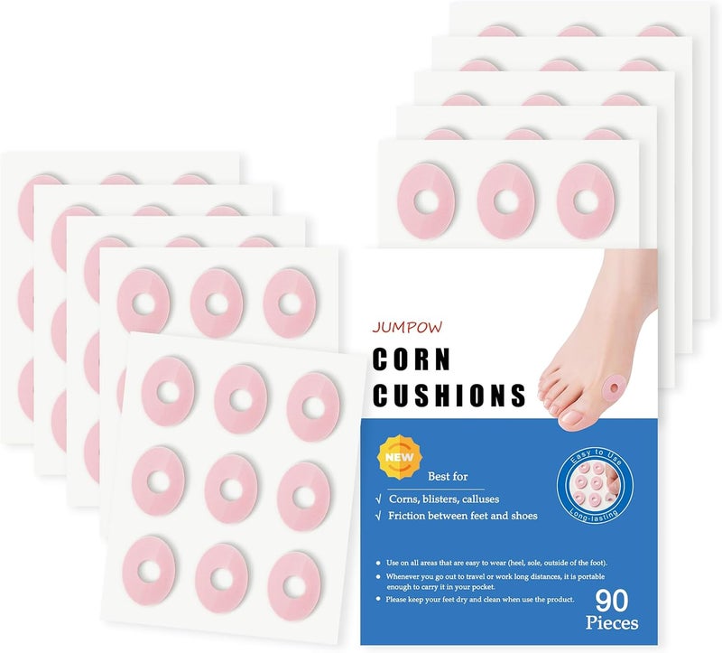 JUMPOW 90 Pcs Corn Cushions Callus Pads, Corn Removers for Feet, Soft Foam Callus Cushions, Corn Protectors, Self-Stick Adhesive Cushions, Relief Pain from Calluses, Corns, Blisters, Heel Frictions - Image 1
